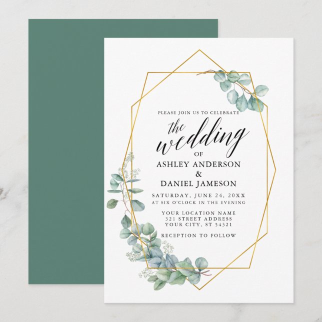 Calligrafie Gold Rahmen Eukalyptus Greenerity Wedd Einladung (Vorne/Hinten)