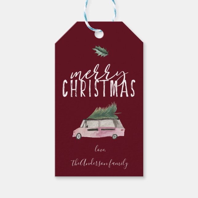 Calligrafie Merry Christmas Van & Baum heilig rot Geschenkanhänger (Vorderseite)