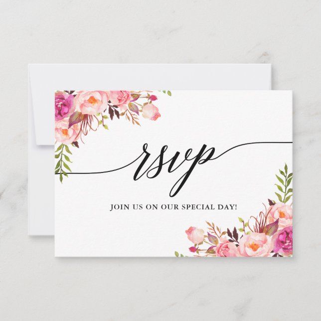 Calligrafie Pink Floral Wedding RSVP Meetingkarte (Vorderseite)