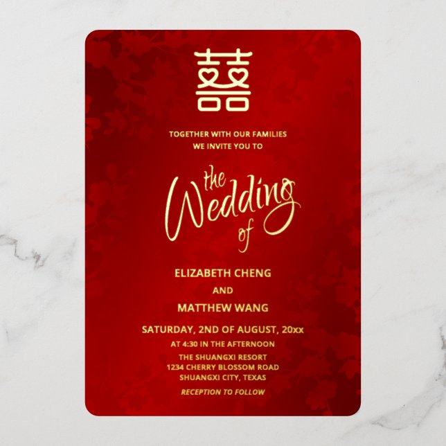 Calligrafie Red Gold Chinese Wedding Folieneinladung (Vorderseite)