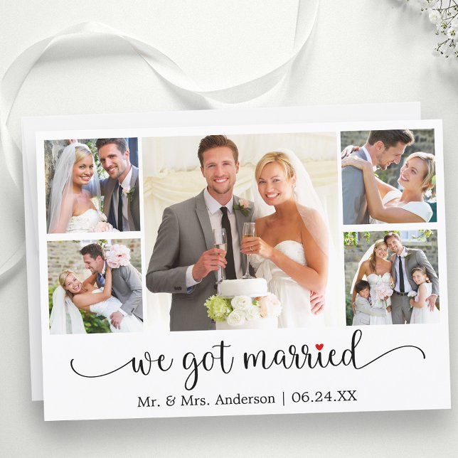 Calligrafie Rotes Herz 5 Foto Wir Got Verheiratet Ankündigung (Customize to change your personalized text size, text style or to add text to back of card.)