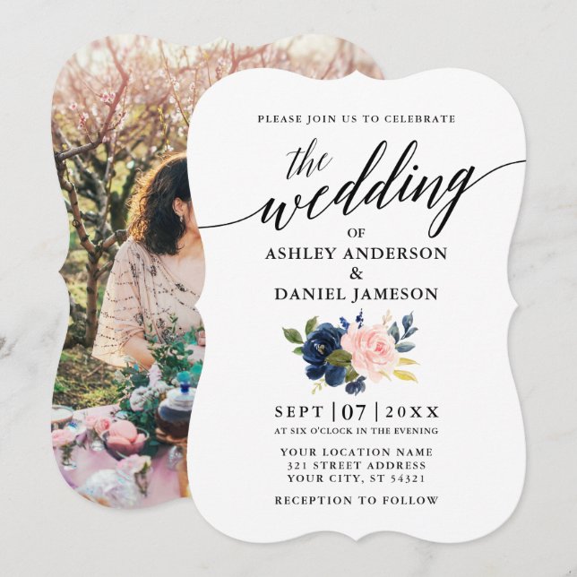 Calligrafie Script Blue Pink Floral Foto Hochzeit Einladung (Vorne/Hinten)