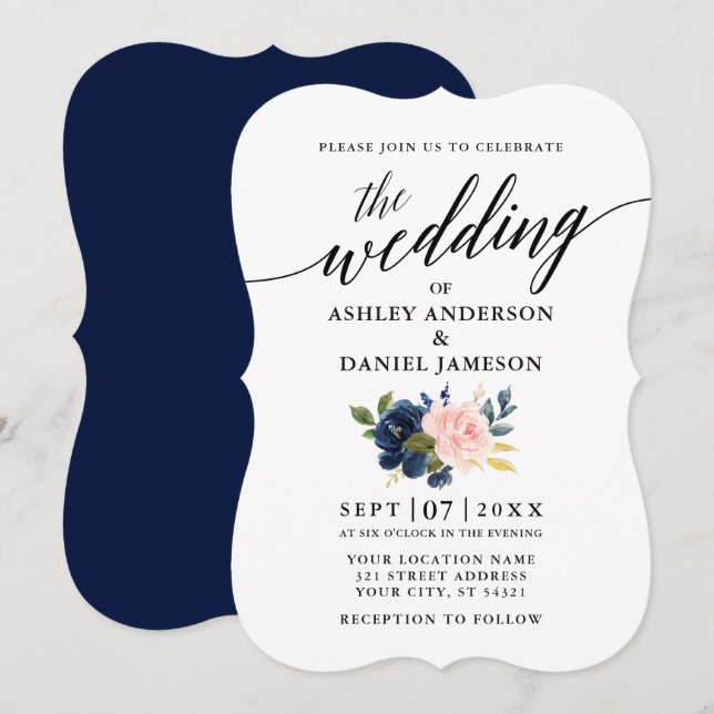 Calligrafie Script Blue Pink Floral Wedding Einladung (Vorne/Hinten)