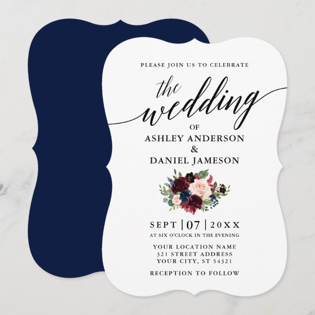 Calligrafie Script Burgundy Blue Floral Wedding Einladung (Vorne/Hinten)