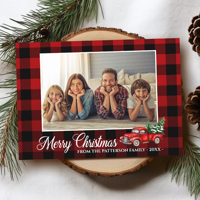 Calligrafie Script Foto Buffalo Kariert Red Truck Karte (Available in high quality print or digital download for quick text messaging, email or self print.)