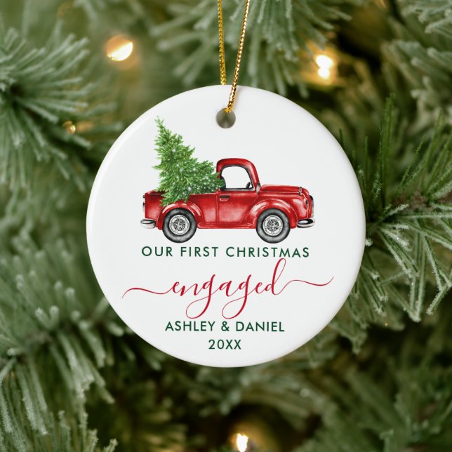 Calligrafie Unser Verlobter Weihnachtsrottwagen Keramik Ornament (Baum)