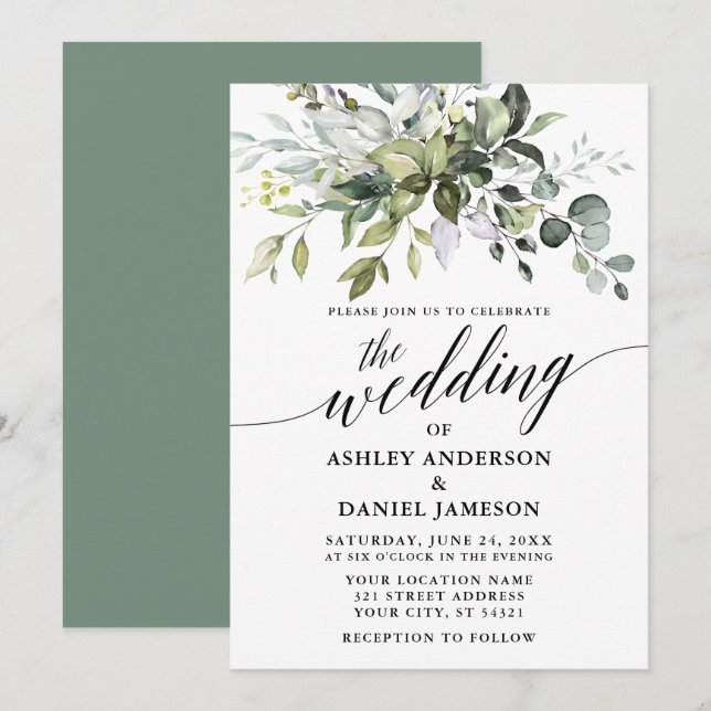 Calligrafie Watercolor Greenery Sage Green Wedding Einladung (Vorne/Hinten)