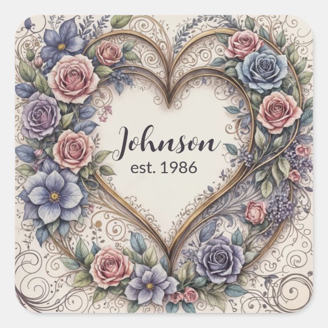 Calligrafie Wedding Heart Quadratischer Aufkleber (Vorderseite)