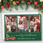 Calligrafie Weihnachten 3 Foto Roter LKW Grün<br><div class="desc">Modernes Kalligrafie Script 3 Foto Familienfoto Collage Die frohe Weihnachtskarte enthält Vintagen Rotlastwagen mit Baumbestand - Waldgrüner Hintergrund</div>