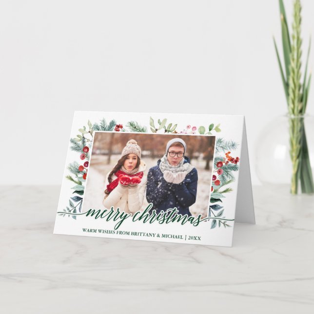 Calligrafie Weihnachtsgrün Couple Fold Green Feiertagskarte (Vorderseite)