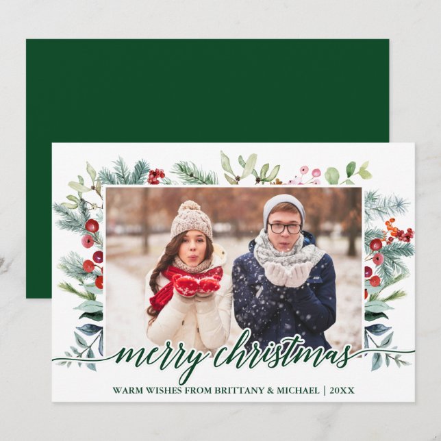 Calligrafie Weihnachtsgrün Grünes Foto Feiertagskarte (Vorne/Hinten)