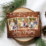 Calligrafie Weihnachtsweiden Holzsaitenleuchten 3  Postkarte<br><div class="desc">Moderne Fun Calligraphie Drehbuch Frohe Weihnachten 3 Foto Ferien Postkarte - Rustikales Land Holz mit String Lights</div>