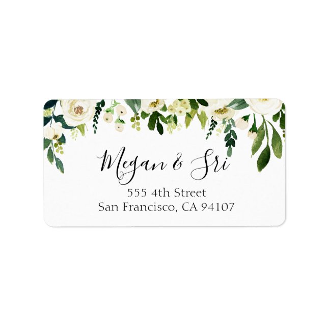 Calligrafie White Floral Greenerity Wedding Adressaufkleber (Vorne)