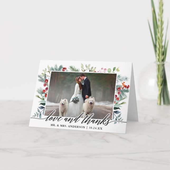 Calligrafie Winter Greenery Wedding Falten Dankeskarte (Vorderseite)