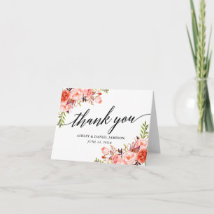 Calligrafy Coral Floral Wedding Note Dankeskarte