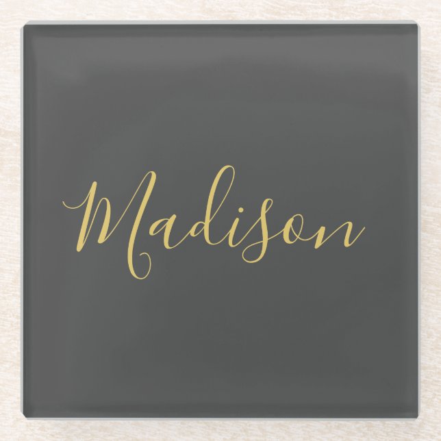 Calligrafy Gold Color Gray Custom Personal Edit Glasuntersetzer (Vorderseite)