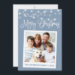 Calligrafy Lights Instant Camera Foto Blau Feiertagskarte<br><div class="desc">Modern Fun Calligraphy Script,  Instant Camera Style Foto Merry Christmas Card - Dusty Blue mit String Lights</div>