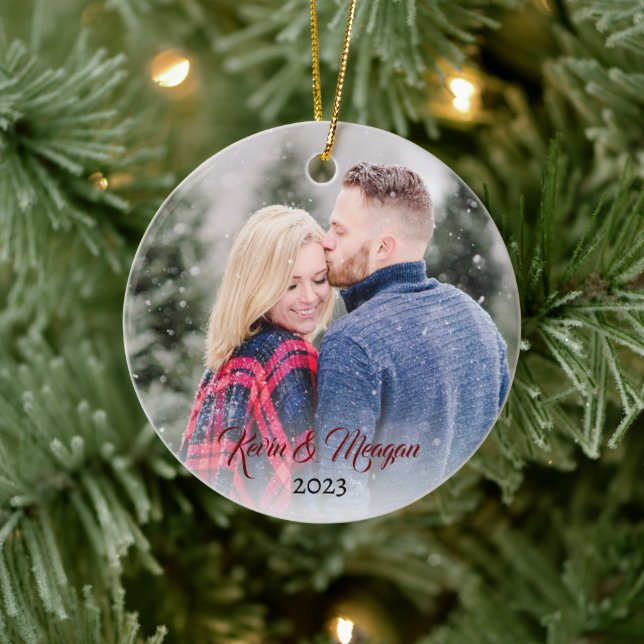 Calligraph | Familienname Doppelseitiges Foto Keramik Ornament (Baum)