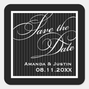 Calligraphic Black Pinstripe Save the Date Quadratischer Aufkleber