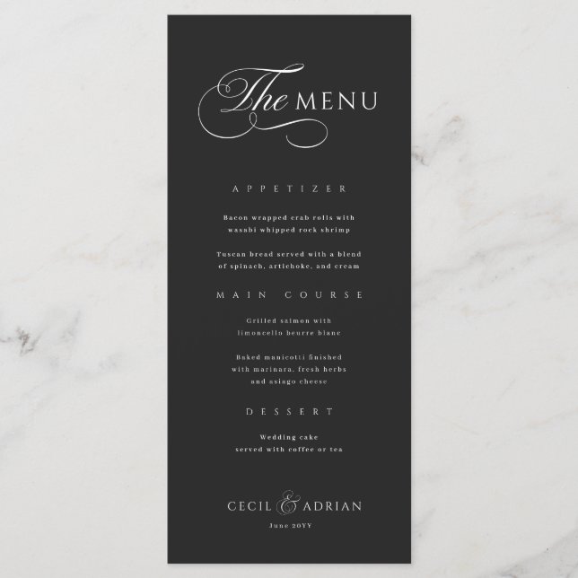 Calligraphic Elegant Black Wedding Menu (Devant)