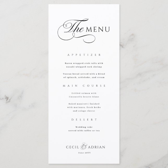 Calligraphic Elegant Black White Wedding Menu (Devant)