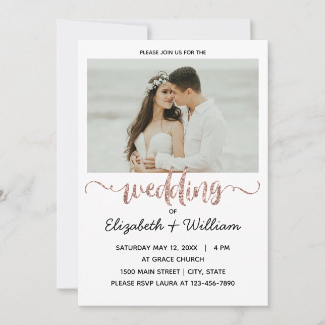 Calligraphic Rose Gold Glitzer Wedding Foto  Einladung (Vorderseite)