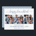 Calligraphie 3 Foto Dusty Blue Gingham Hanukkah Feiertagskarte<br><div class="desc">Modern Trendy Calligraphy Script 3 Foto Family Foto Collage Happy Hanukkah Card - Dusty Blue und White Kariert Gingham Back</div>