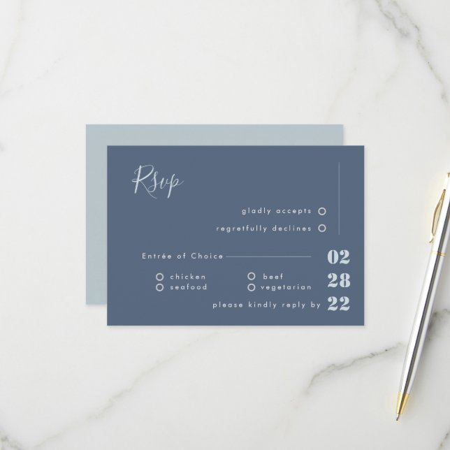 Calligraphie bleu et gris bleu foncé Mariage RSVP (Devant/Arrière en situation)