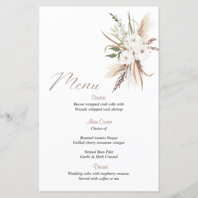 Calligraphie Boho fleur beige menu mariage du (Devant)