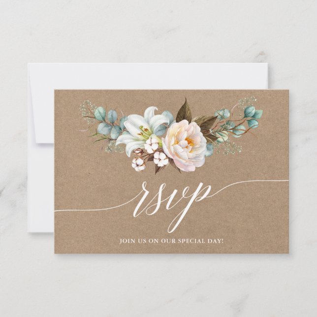Calligraphie Botanique Floral Mariage Kraft RSVP (Devant)