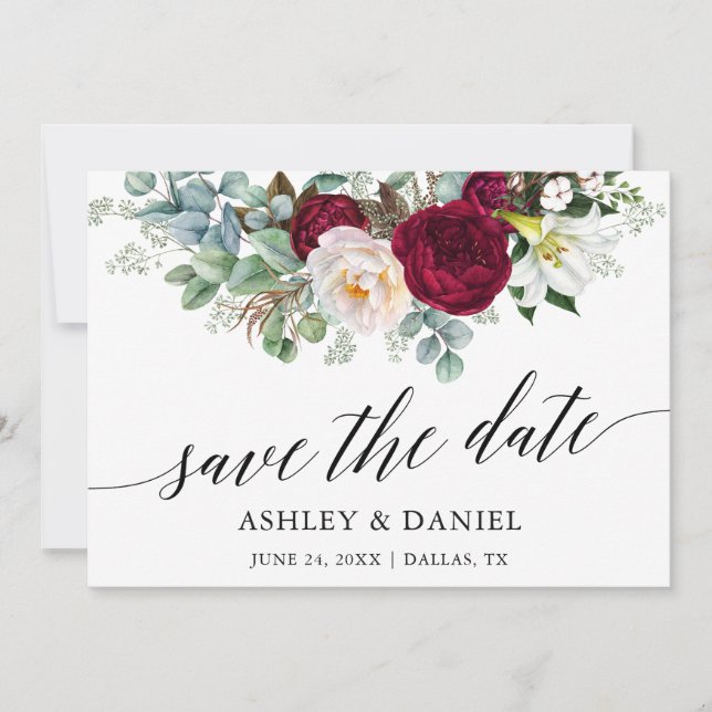 Calligraphie Burgund Blumengrün Save the Date (Vorderseite)