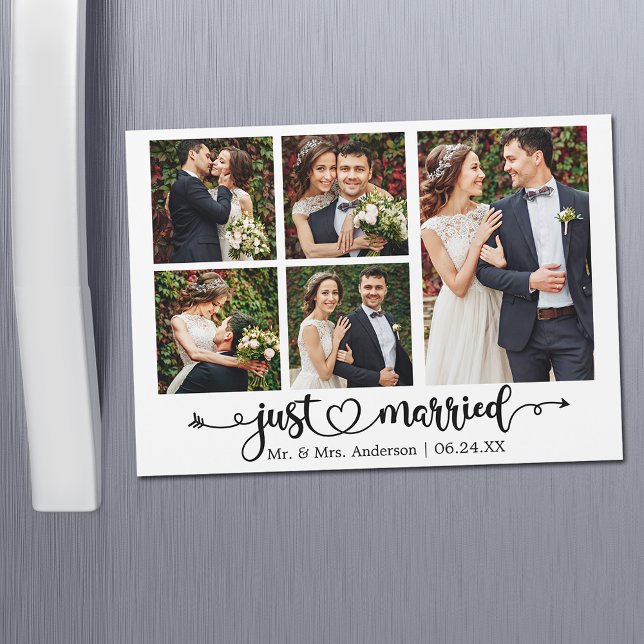 Calligraphie Coeur 5 Photo Juste Marié Carte Magne (Customize to change your personalized text size or text style.)
