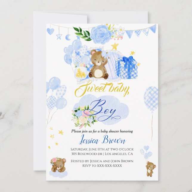 Calligraphie Cute bleu ours baby shower invitation (Devant)
