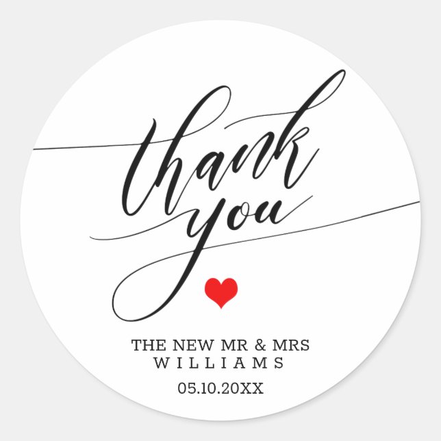 Calligraphie Danke, Red Heart Wedding Runder Aufkleber (Vorderseite)