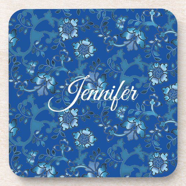 Calligraphie Elegant Blauer Individuelle Name Getränkeuntersetzer (Vorderseite)