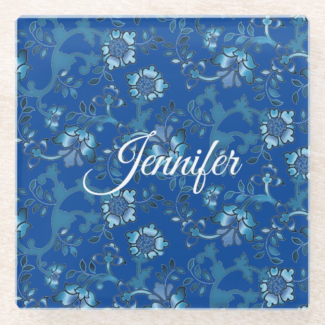 Calligraphie Elegant Blauer Individuelle Name Glasuntersetzer (Vorderseite)