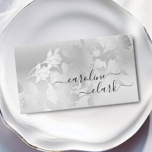 Calligraphie Elegant Moderne Silbergraue Blume Visitenkarte