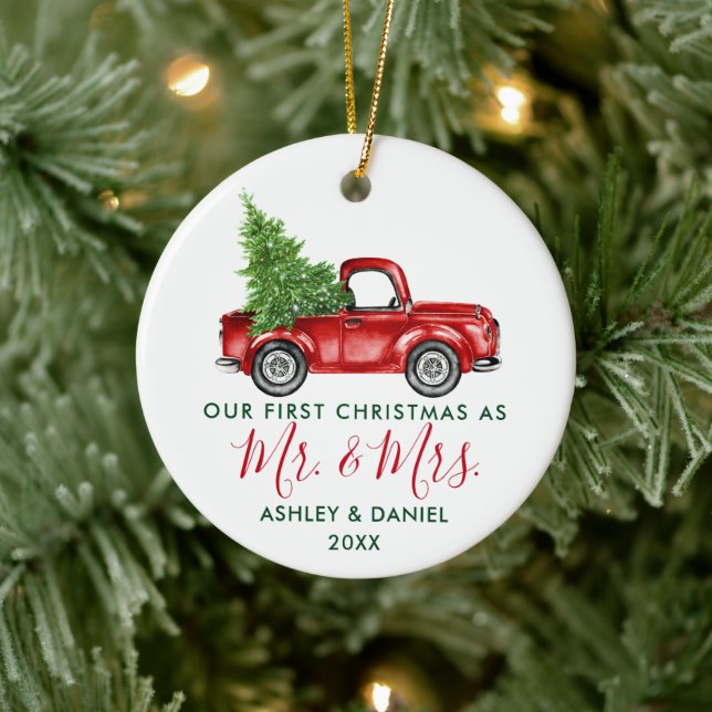 Calligraphie Erste Weihnacht Herr Red Truck Keramik Ornament (Baum)