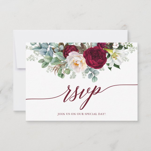 Calligraphie Floral Bourgogne Carte Mariage RSVP (Devant)