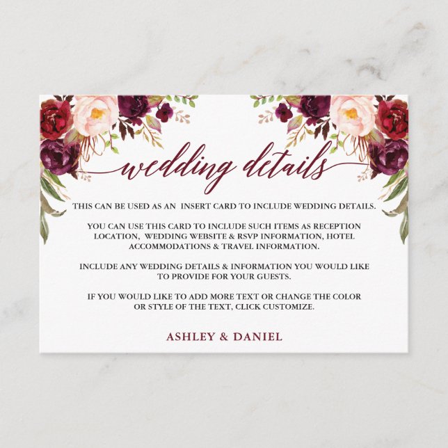 Calligraphie floral Burgundy Wedding Details Begleitkarte (Vorderseite)