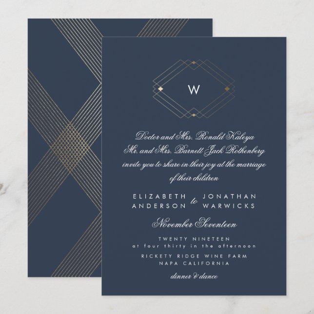 Calligraphie Formal Monogram Gold Foil Navy Einladung (Vorne/Hinten)