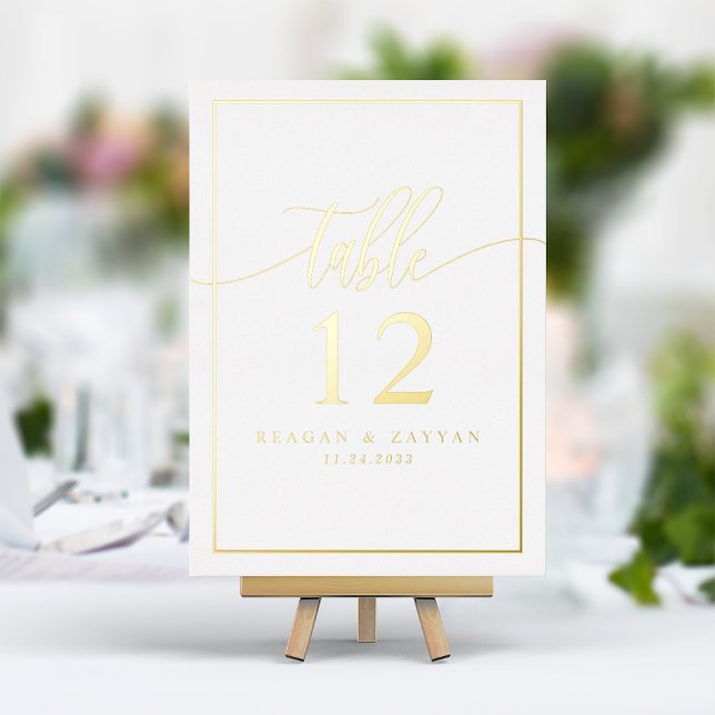 Calligraphie-Foto-Tischnummer für White & Gold-Foh Folieneinladung (Von Creator hochgeladen)