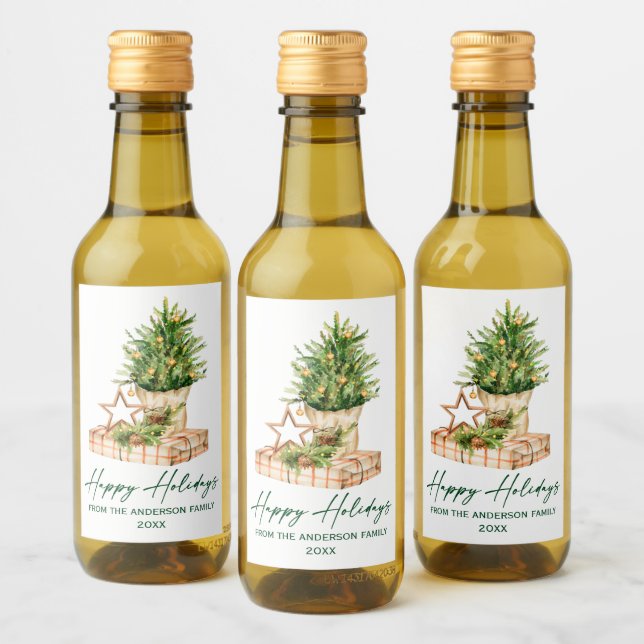 Calligraphie Grüne Tinte Wasserfarbenbaum Urlaub Weinetikett (Flaschen)