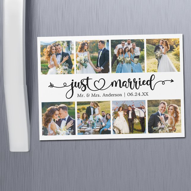 Calligraphie Heart 8 Photo Just Married Magnet Car (Customize to change your personalized text size or text style.)