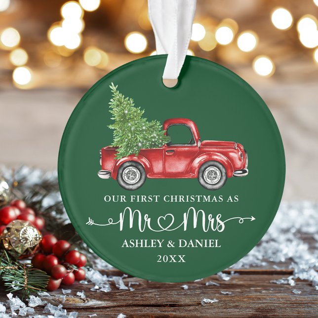 Calligraphie Herz Erste Weihnachtszeit Red Truck G Ornament (Calligraphy Script Heart Mr. & Mrs. Our First Christmas Vintage Truck Ornament)