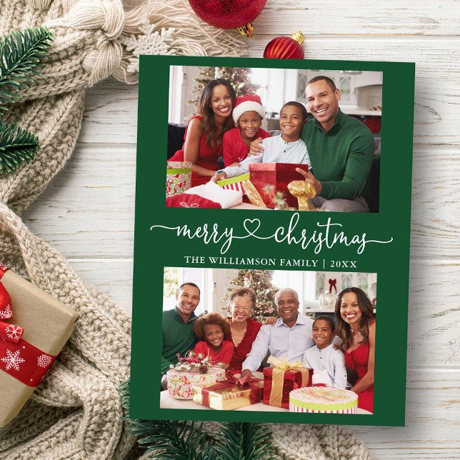 Calligraphie Herz Merry Christmas Green 2 Foto Postkarte (Customize to change your personalized text size or text style.)