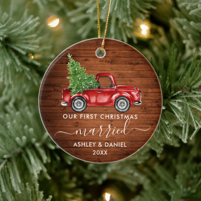 Calligraphie Holz Erster Weihnachtskruck Verheirat Keramik Ornament (Baum)