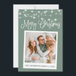 Calligraphie Lights Instant Camera Foto Sage Green Feiertagskarte<br><div class="desc">Modern Fun Calligraphy Script,  Instant Camera Style Foto Merry Christmas Card - Sage Green mit String Lights</div>