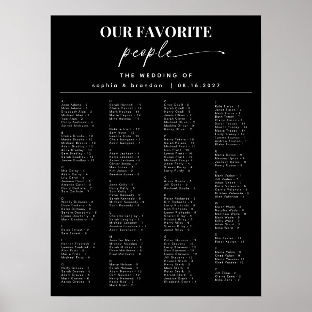 Calligraphie Mariage alphabétique Tableau de siège (Devant)