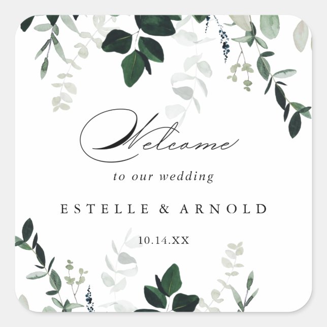 Calligraphie Minimalistische Grüne Hochzeit Begrüß Quadratischer Aufkleber (Vorderseite)